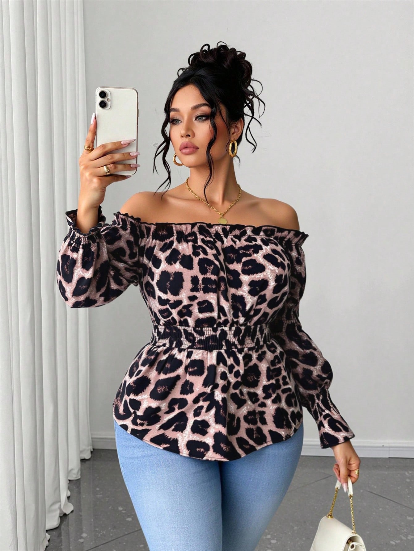 Plus Size Women Leopard Print  - огляд і ціна Blouse Off Shoulder